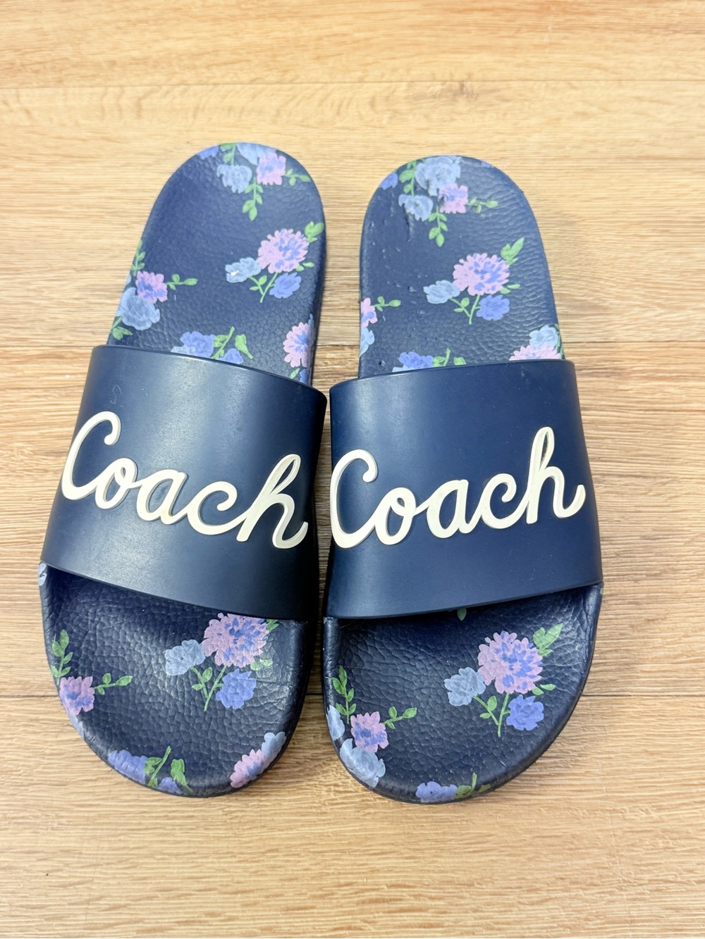 Coach Navy Floral Slide Sandals